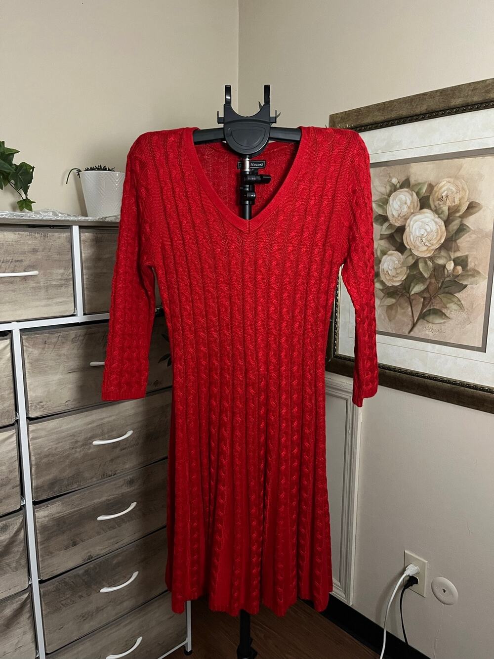 Jessica Howard Women’s Large Red Cable Knit Sweater Dress V Neck Midi